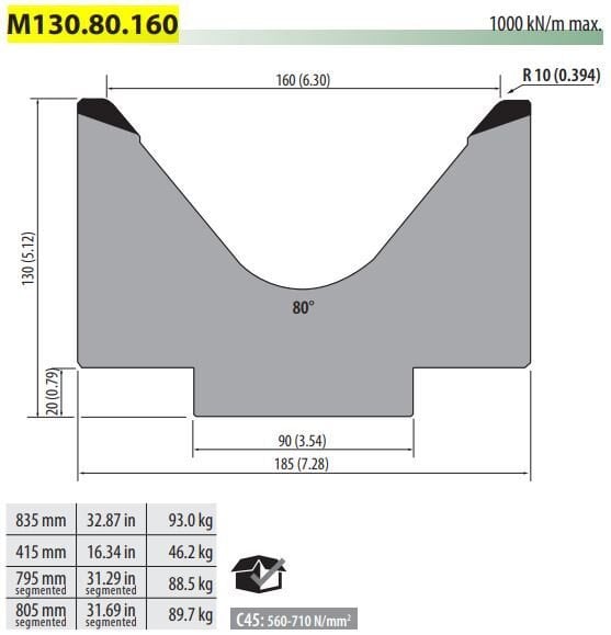 M130-80-160F PILLAR DIE V=160, 80°, H=130,M90, L=805MM SEC