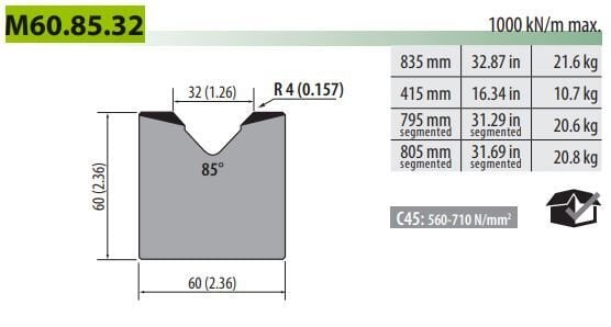 M60-85-32 SINGLE -V- DIE V=32 85° H=60 L=835 mm
