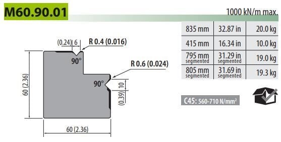 M60-90-01 DIE V=60 (90°) L=835