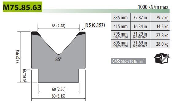 M75-85-63C SINGLE -V- DIE V=63 85° H=75 L=415 MM