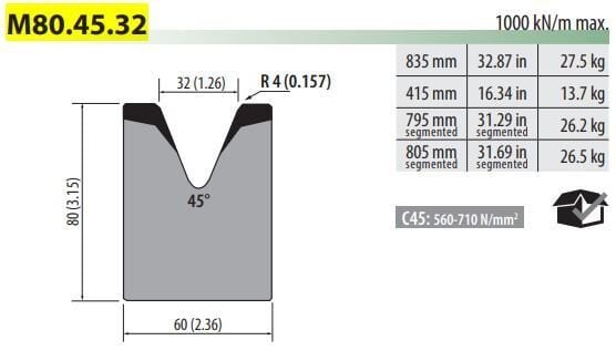 M80-45-32 SINGLE -V- DIE V=32 45° H=80 L=835 mm