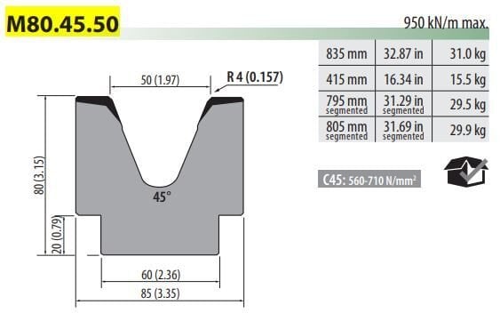 M80-45-50 SINGLE -V- DIE V=50 45° H=80 L=835 MM