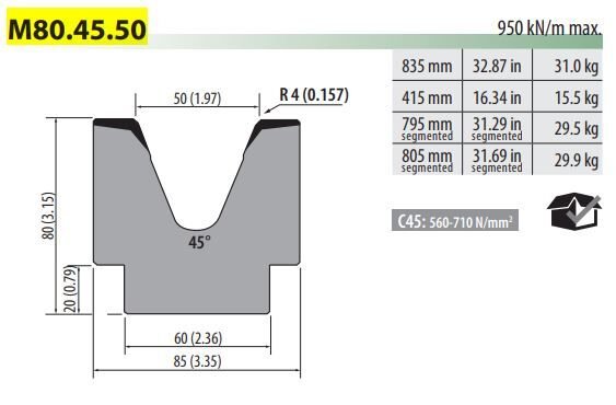 M80-45-50 SINGLE -V- DIE V=50 45° H=80 L=835 MM