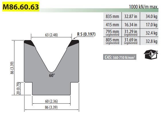M86-60-63 SINGLE -V- DIE V=63 60° H=86 L=835 MM