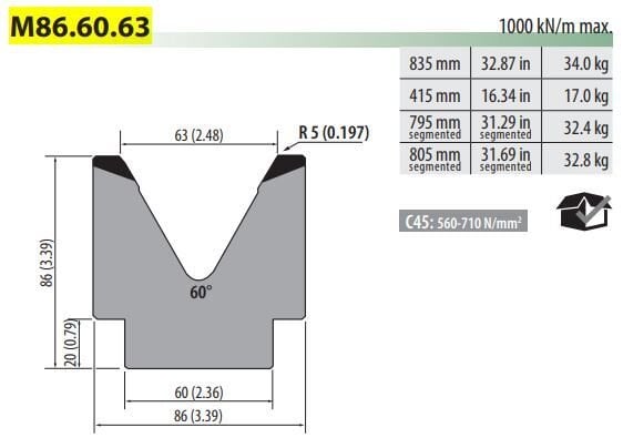 M86-60-63C SINGLE -V- DIE V=63 60° H=86 L=415 MM