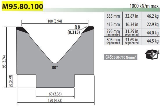 M95-80-100-F SINGLE VEE DIE V=100 80° H=95 L=805 mm Sect.