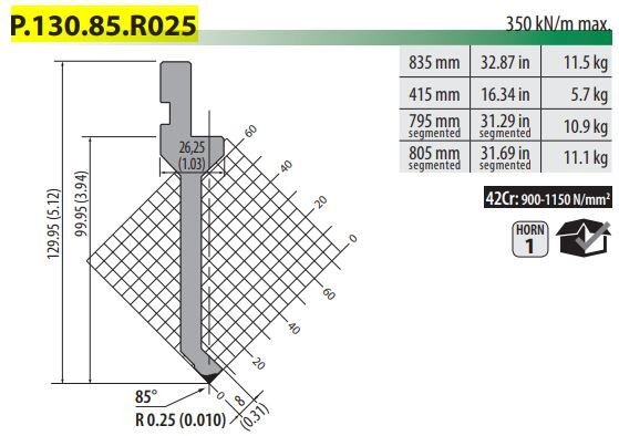 P-130-85-R025-F PUNCH 85° R=0,25 H=130 L=805 SECTIONED