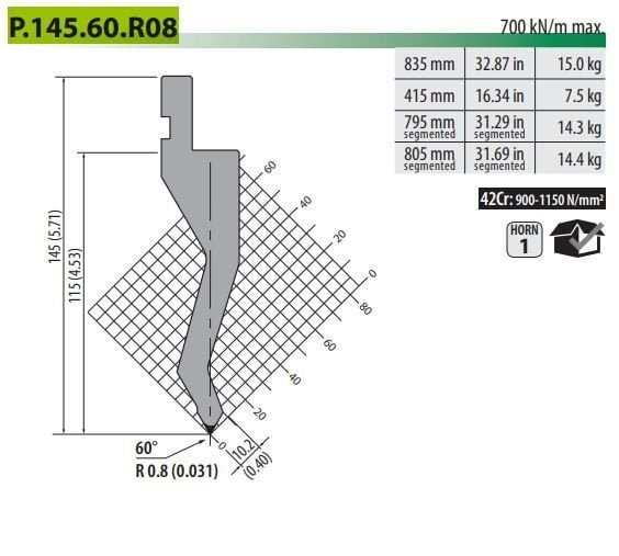 P-145-60-R08-F PUNCH 60° R=0,8 H=145 L=805 (SEC)