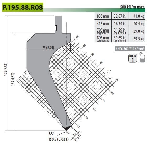 P-195-88-R08 GOOSENECK PUNCH 88° R0,8 H=165 L=835 mm