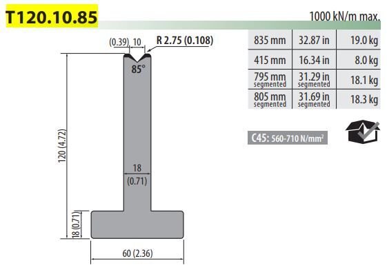 T120-10-85-F PILLAR DIE V=10, 85°, H=120, L=805 MM SEC.