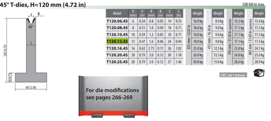 T120-12-45 PILLAR DIE V=12, 45°, H=120, L=835