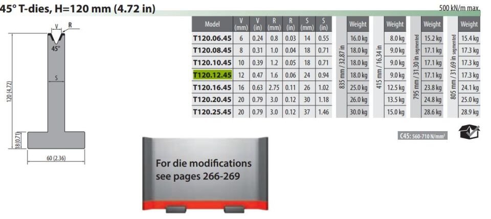 T120-12-45 PILLAR DIE V=12, 45°, H=120, L=835