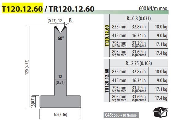 T120-12-60-C PILLAR DIE V=12, 60°, H=120, L=415 mm