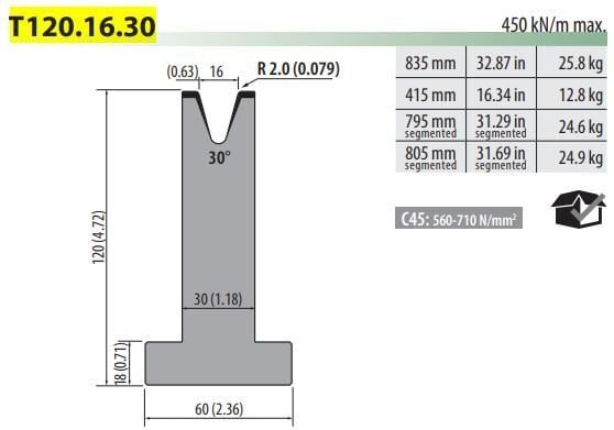 T120-16-30-C PILLAR DIE V=16, 30°, H=120, L=415 MM