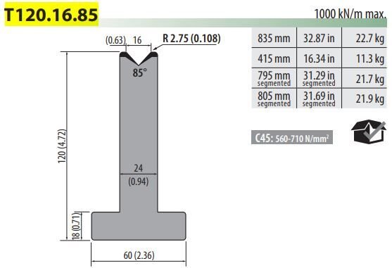 T120-16-85-F PILLAR DIE V=16, 85°, H=120, L=805 mm Sect.