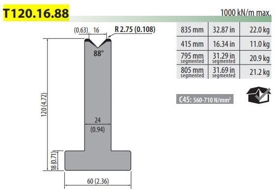 T120-16-88F PILLAR DIE V=16, 88°, H=120, L=805 SEC MM