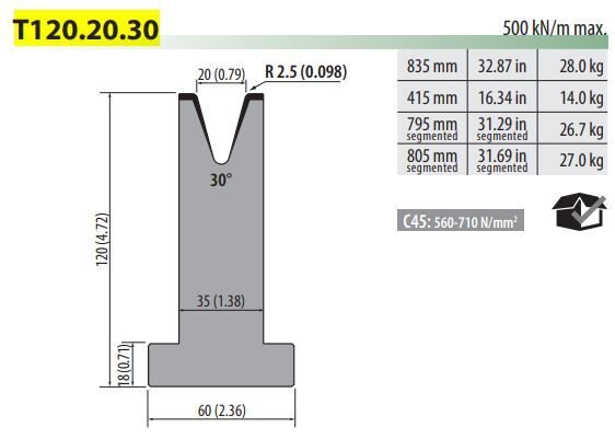 T120-20-30 PILLAR DIE V=20, 30°, H=120, L=835 mm