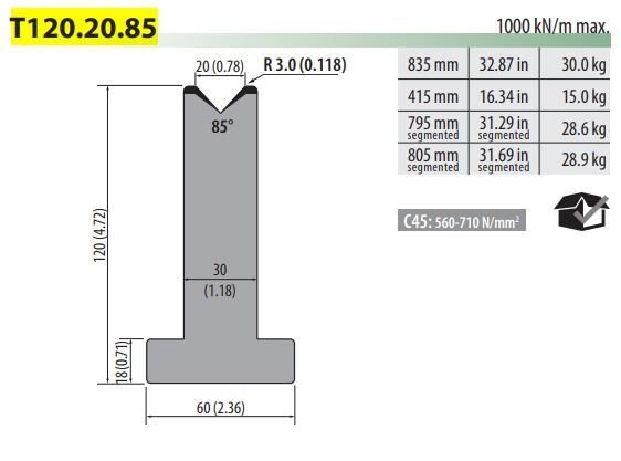 T120-20-85C PILLAR DIE V=20, 85°, H=120, L=415 MM