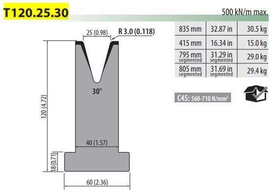 T120-25-30-F ROLLERI SINGLE-V DIE V25 30° H120 L805 SEC