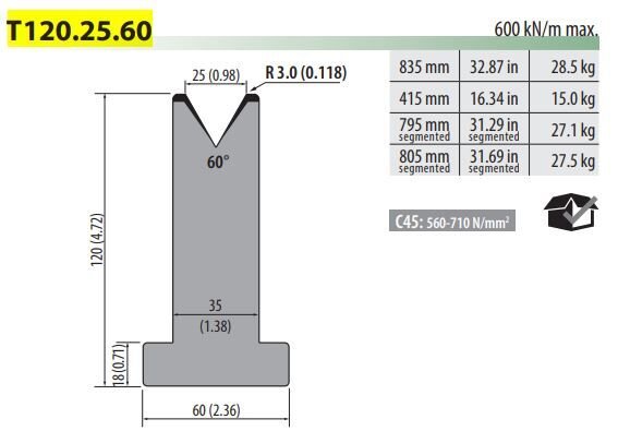 T120-25-60F PILLAR DIE V=25, 60°, H=120, L=805 SECTIONED