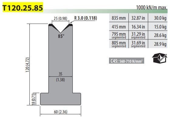 T120-25-85 PILLAR DIE V=25, 85°, H=120, L=835MM