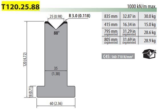 T120-25-88 V=25, 88°, H=120, L=835 mm