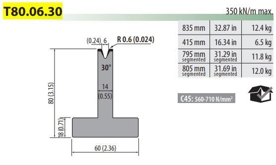 T80-06-30 PILLAR DIE V=6, 30°, H=80, L=835MM