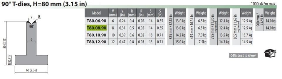 T80-08-90 DIE 90° R=0,5 H=80 L=835
