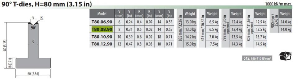 T80-08-90 DIE 90° R=0,5 H=80 L=835