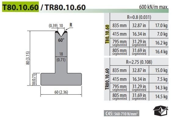 T80-10-60 PILLAR DIE V=10, 60°, H=80, L=835 mm
