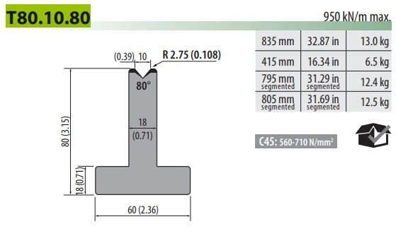 T80-10-80 PILLAR DIE V=10, 80°, H=80, L=835MM