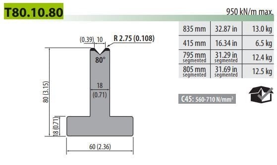 T80-10-80F PILLAR DIE V=10, 80°, H=80, L=805MM SEC