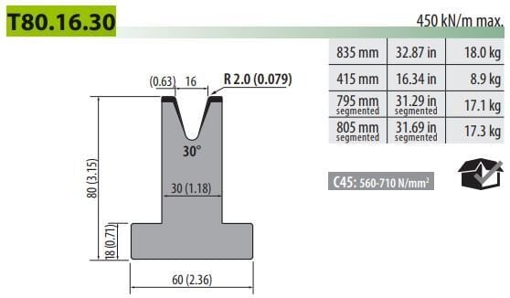 T80-16-30-F ROLLERI SINGLE V DIE V=16 30° H=80 L=805 SEC