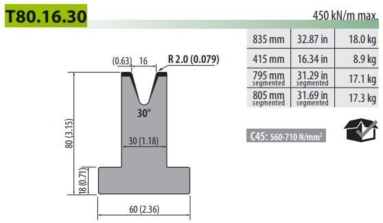 T80-16-30-F ROLLERI SINGLE V DIE V=16 30° H=80 L=805 SEC