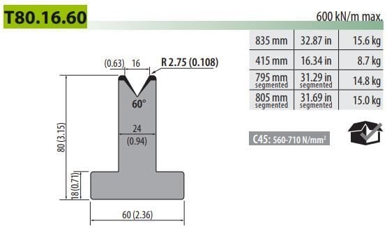 T80-16-60 SINGLE V DIE V=16 60° H=80 L=835