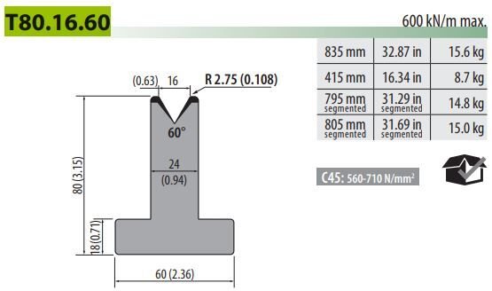 T80-16-60-F SINGLE V DIE V=16 60° H=80 L=805 SEC