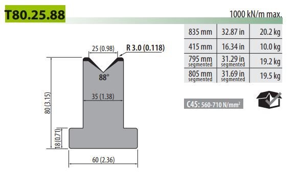T80-25-88 SINGLE -V- DIE V=25 88° H=80 L=835 mm