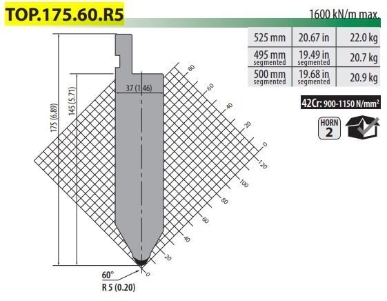 TOP-175-60-R5 PUNCH 60°, R=5 mm, H=175, L=525 mm (42CrMo4)