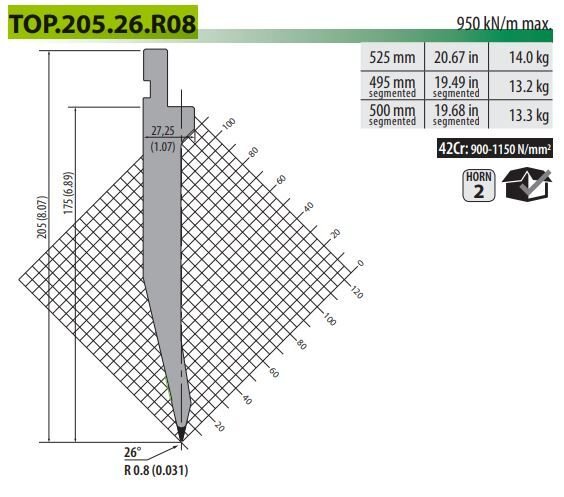 TOP-205-26-R08 PUNCH 26° R=0.8, H=205, L=525 (42CrMo4)