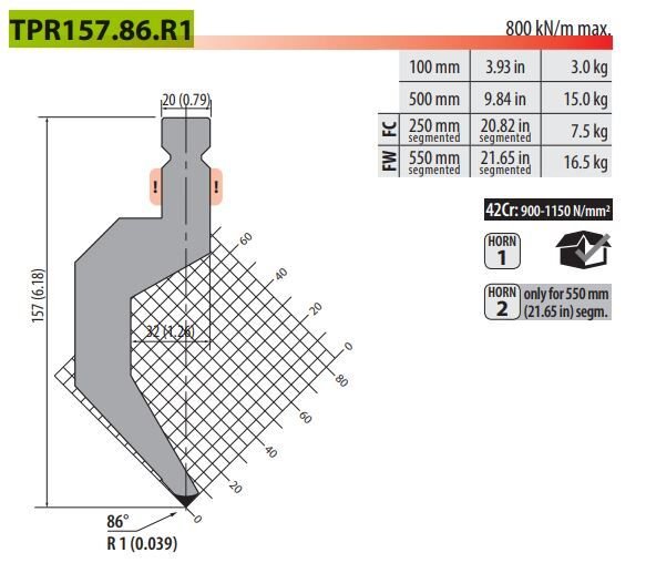 TPR157-86-R1 Punch Trumpf H120+37 AT86° R1 L=500 (42CrMo4)