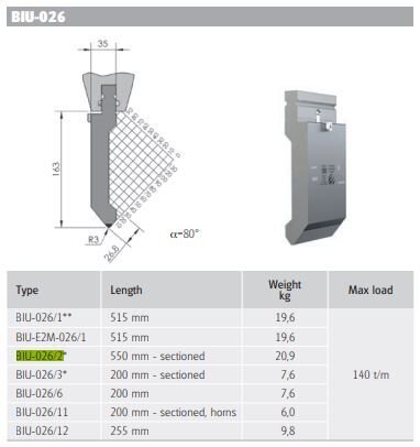 BIU-026/2 BIU-026/2 L=550 mm Sectioned (80°/R3)