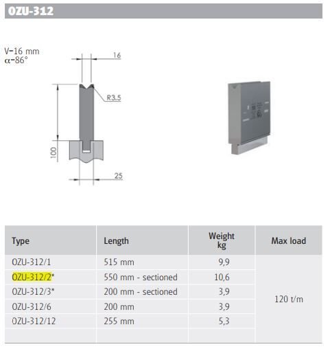 OZU-312/2 OZU-312/2 L=550mm Segm. H100/86°/V=16
