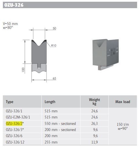 OZU-326/2 OZU-326/2 L=550 mm Segm. H100/80°V=50