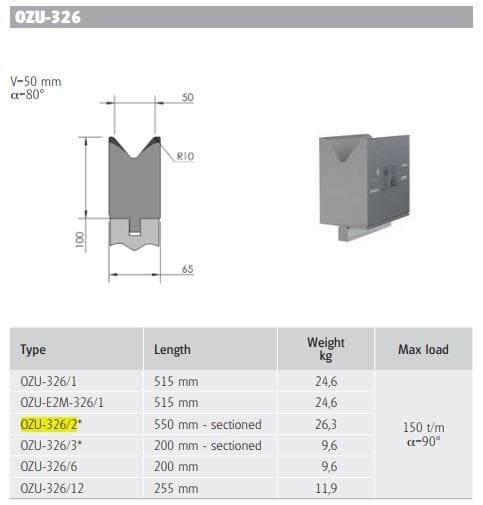 OZU-326/2 OZU-326/2 L=550 mm Segm. H100/80°V=50