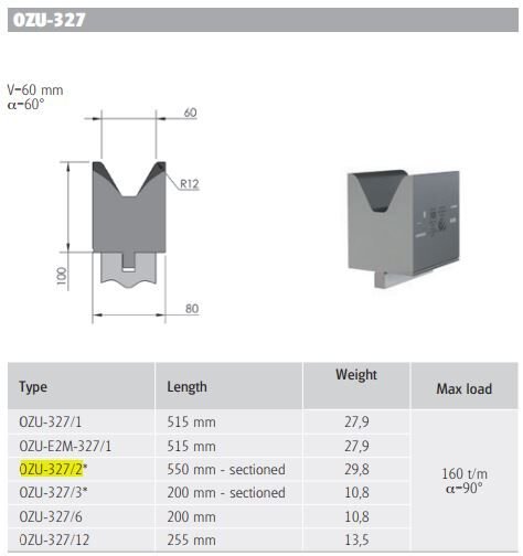 OZU-327/2 OZU-327/2 L=550 mm Sect. H100/60°/V=60
