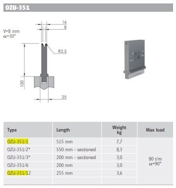 WILA DIE V=8 30° H=100 L=515 mm