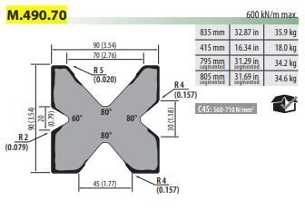 M490.70 4V DIE V=20/60°-30-45-70 (80°) L=835