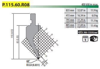 P115.60.R08 GOOSENECK PUNCH 60°, R=0,8, H=115, L=835 mm
