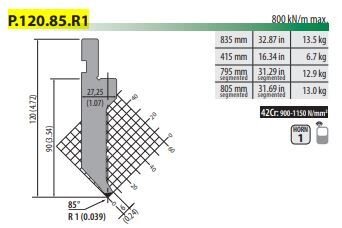 P120.85.R1 PUNCH 85° R=1 H=120 L=835
