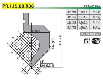 PR.135.88.R08 INVERTED GOOSENECK PUNCH  H=135, 88°, R=0,8, L=805